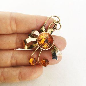 HI Harry Iskin early vintage  Gold Filled  flower brooch  with bow ribbon scroll